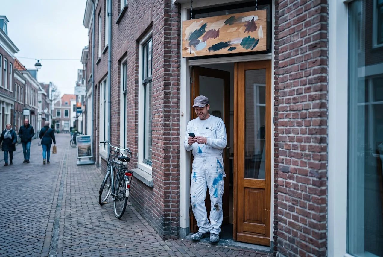 Schilder in werkkleding kijkt tevreden op zijn telefoon voor zijn eigen winkelpand