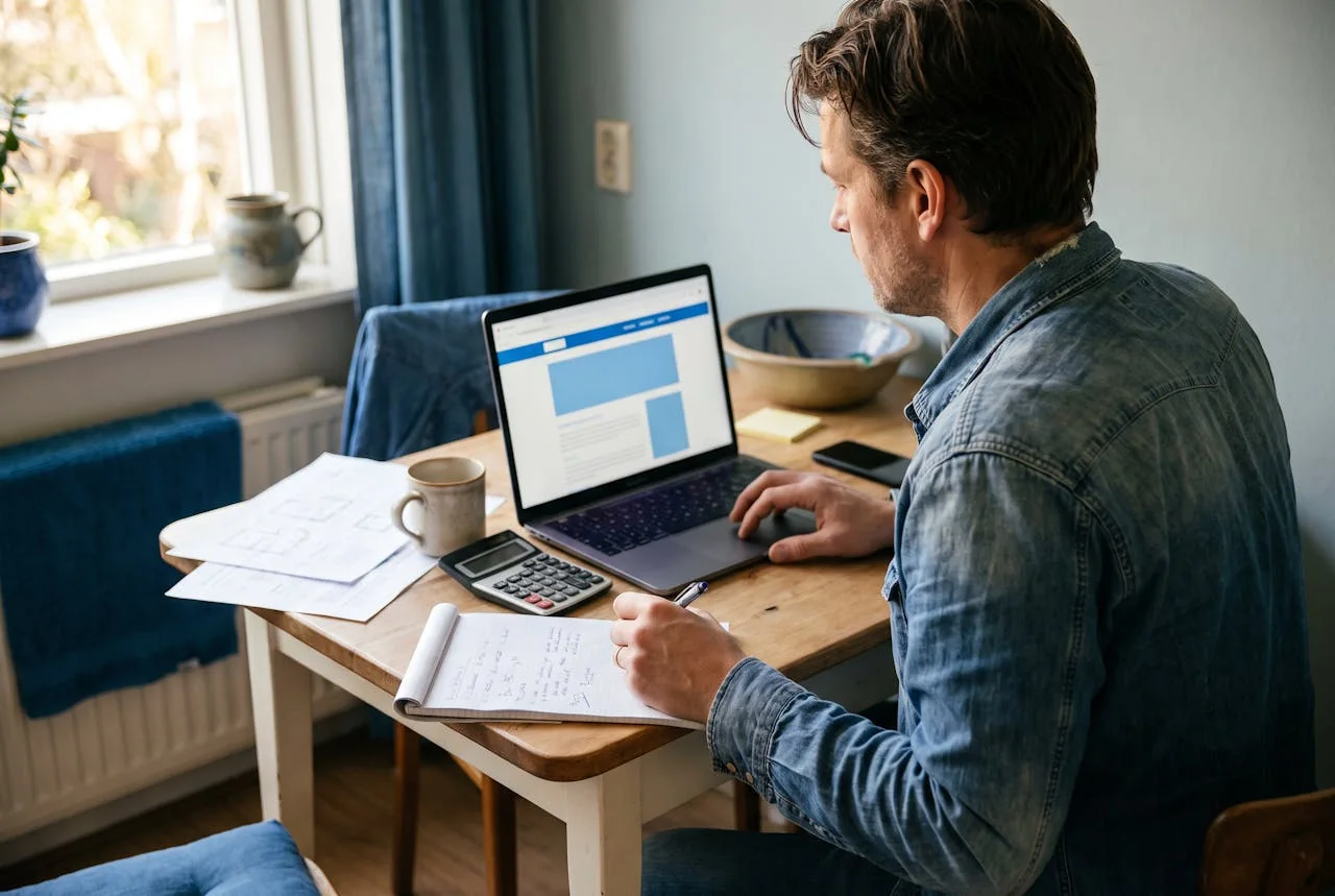 Ondernemer aan de keukentafel vergelijkt offertes voor een website op een laptop