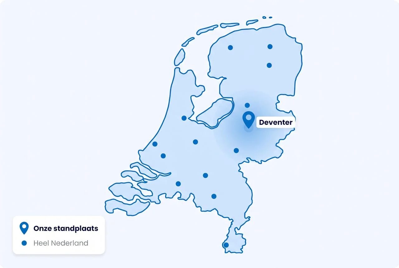 Kaart van Nederland met Deventer als standplaats en werkgebied door heel Nederland